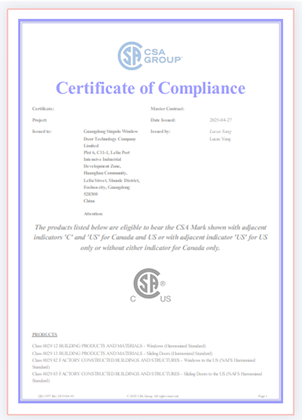 Dveře a Windows Sinpolo dosahuje prestižní certifikace CSA a posiluje globální dodržování stavebních materiálů